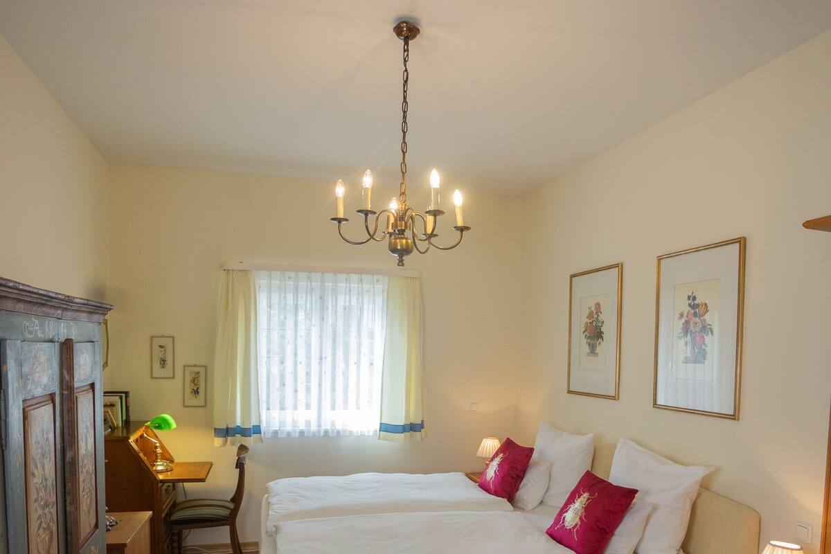 A bedroom with two beds, a desk, a chair, a chandelier, and a rug.