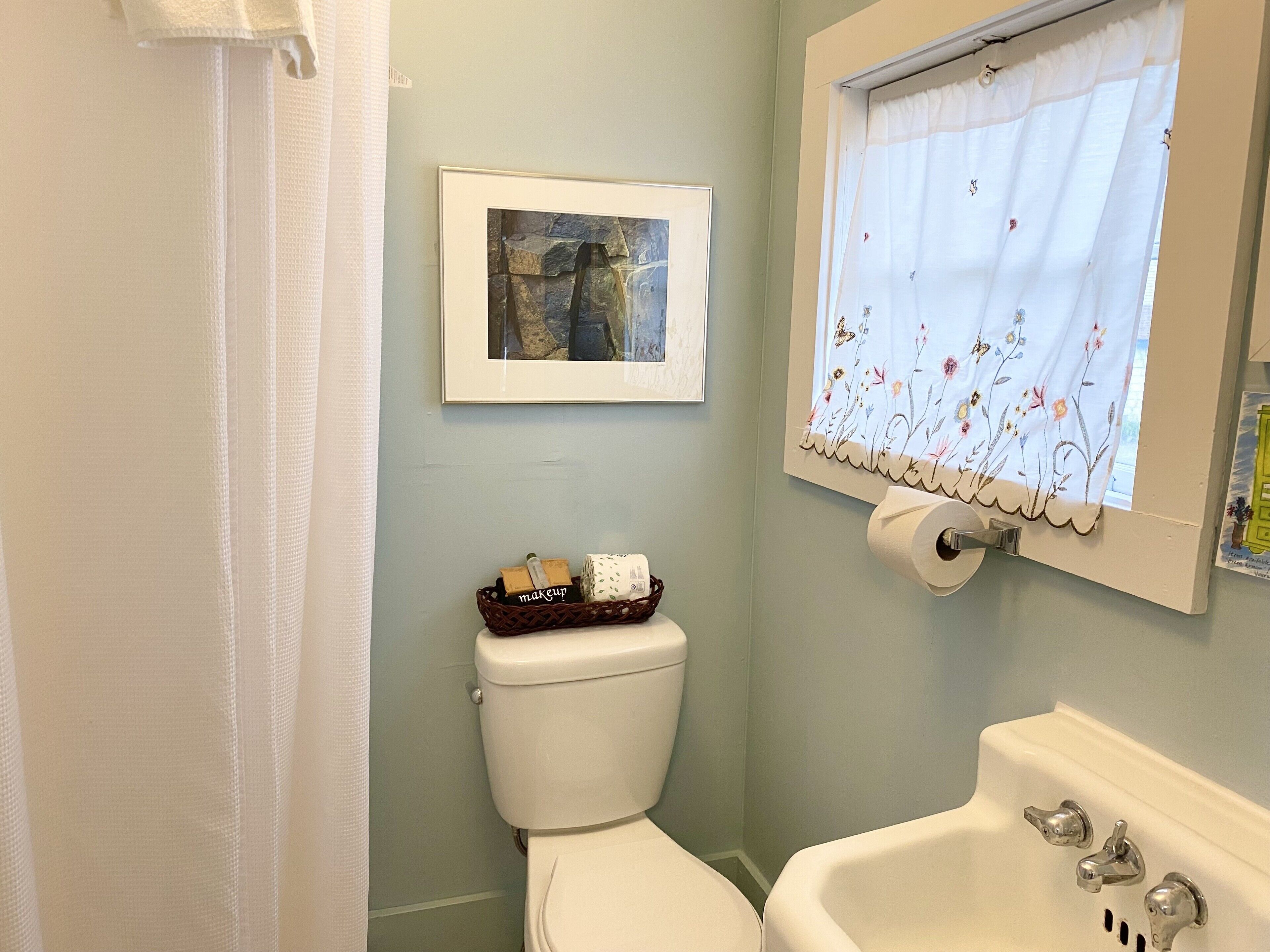 A bathroom with a toilet, a sink, a framed picture on the wall, and a window with a curtain.