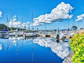 Boats docked at the piers, offering serene views of the calm water.