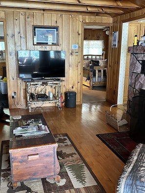 TV connectée, cheminée, lecteur de DVD, livres