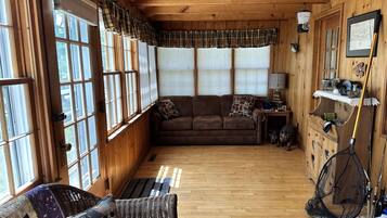 Smart TV, fireplace, DVD player, books