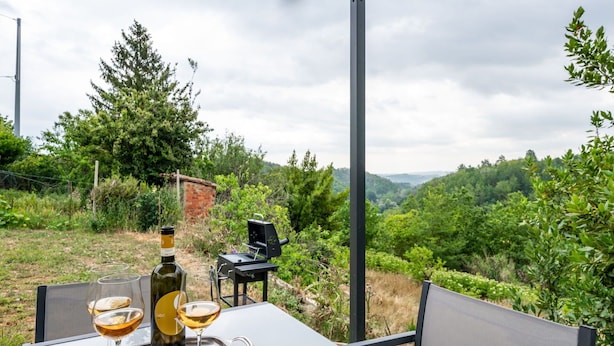 Une table avec une bouteille et deux verres sur un plateau, un barbecue et une vue sur un paysage luxuriant.