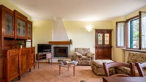 Un salon avec une cheminée, des meubles en bois, un téléviseur et une fenêtre avec des rideaux.