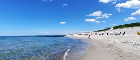 On the beach, sun-loungers