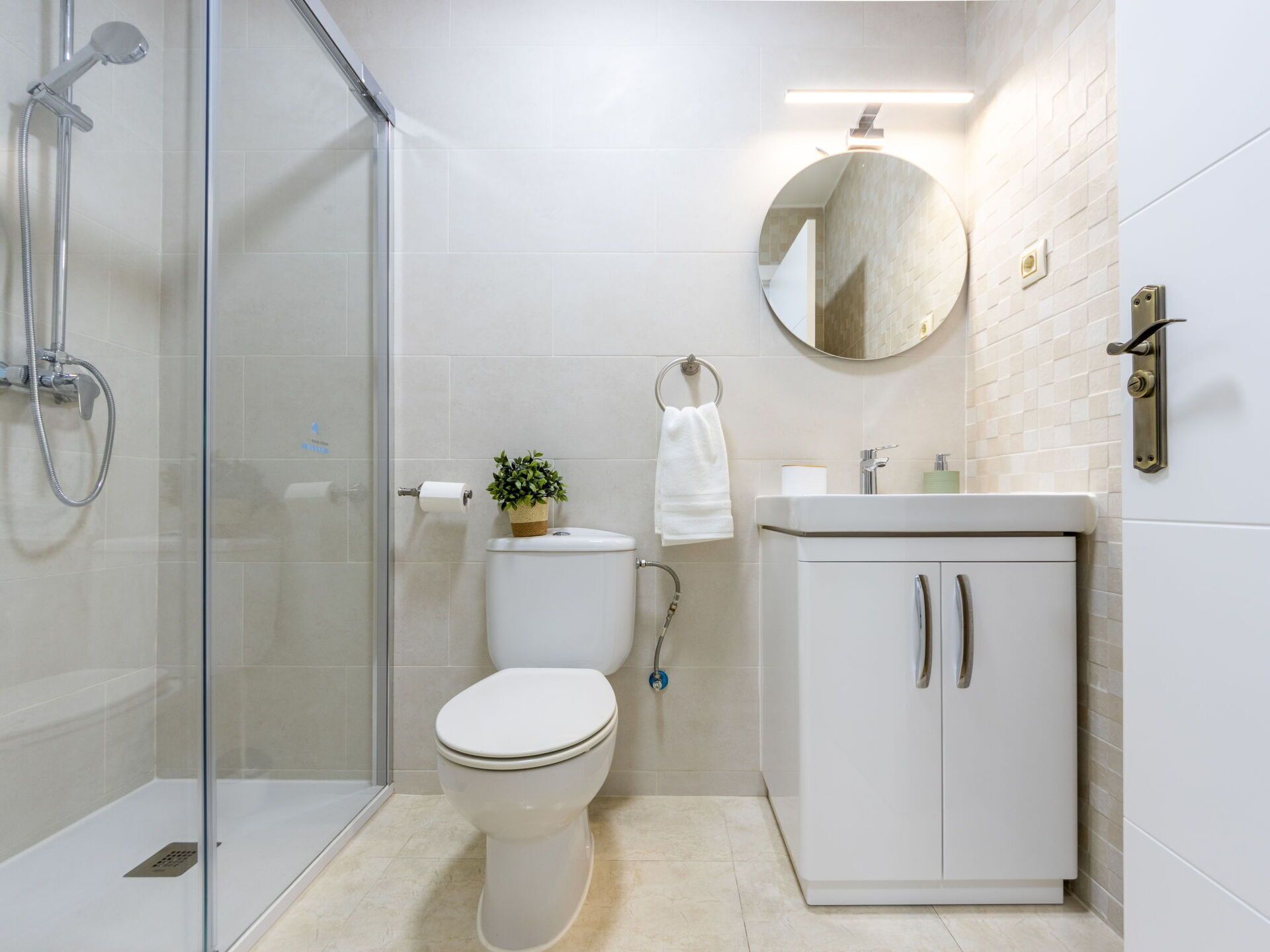 Un baño moderno con ducha de vidrio, inodoro con planta, lavamanos con espejo y mueble.