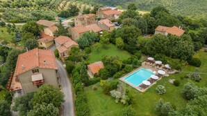 Vista aérea de una zona residencial con varias casas, una piscina y vegetación circundante.