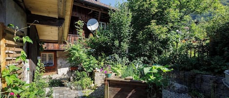 A rustic wooden building with a satellite dish, surrounded by lush greenery and a gravel path.