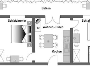A hotel room layout with a balcony, ensuite bathroom, TV, and kitchenette.