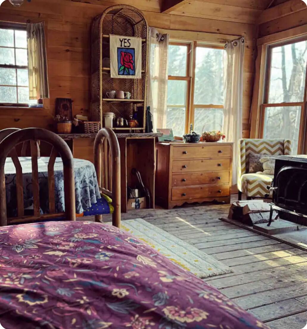 Relax and unplug in an authentic mountain cabin with a scenic Vermont view.