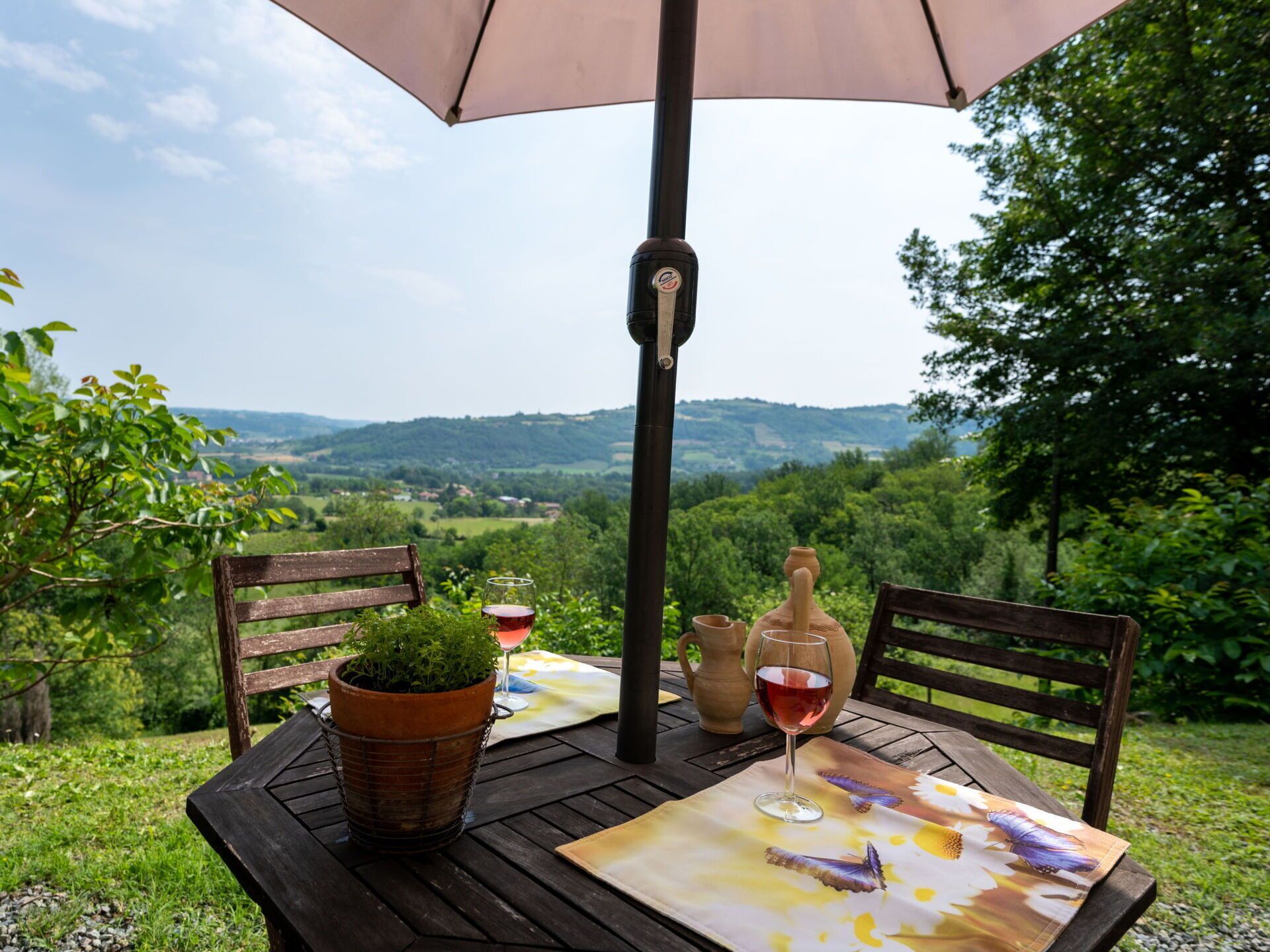A wooden table with a view of a lush landscape, a potted plant, a wine glass, and a vase. - Lovely apartment for 2 people with WIFI, pool and TV (Monastero Bormida)