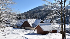 Ein verschneites Dorf mit Holzbauten und einem Berg im Hintergrund.