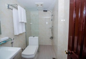 Une salle de bain avec une douche à parois de verre, des toilettes et un lavabo.