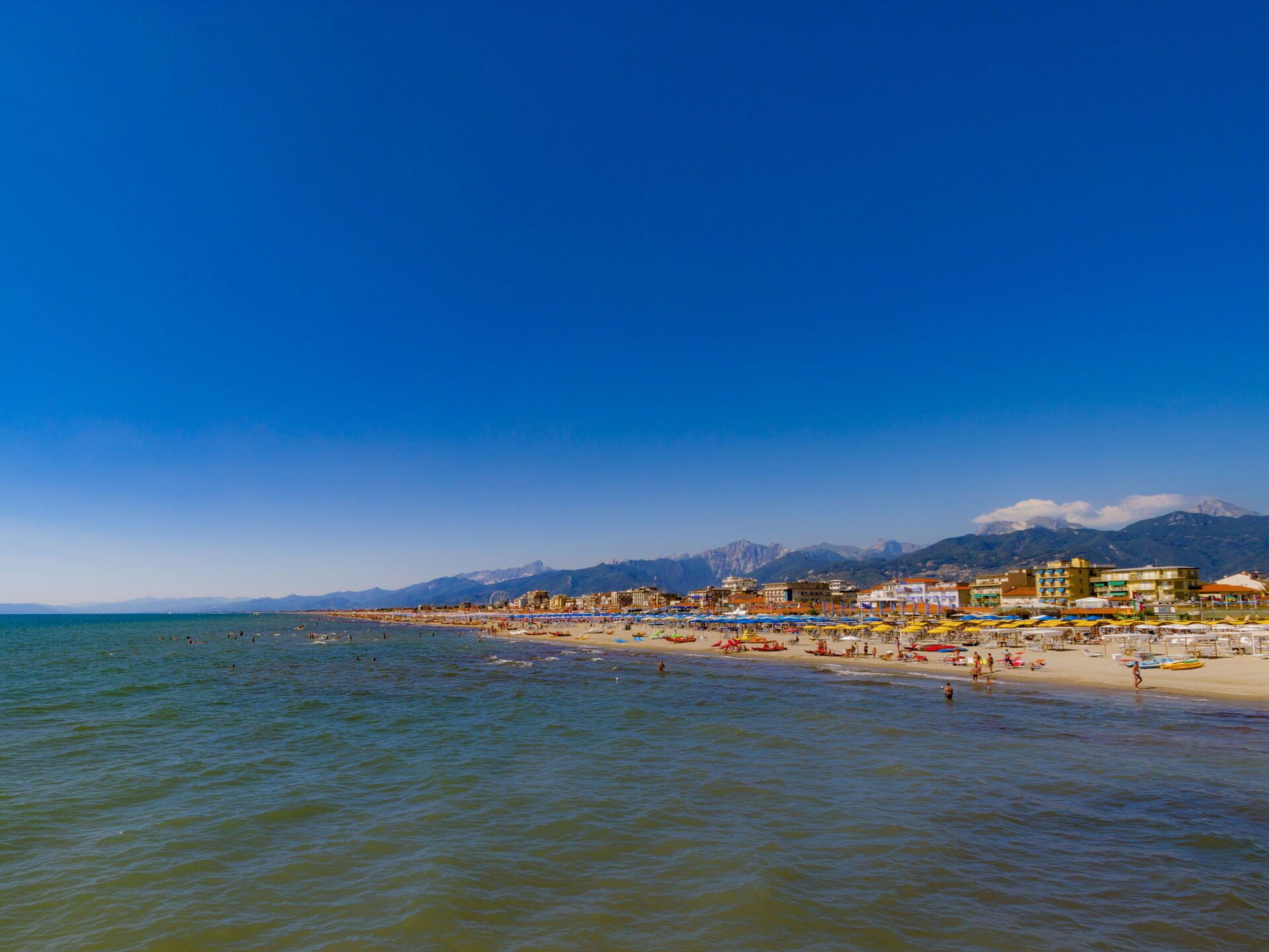 Une plage offrant une vue dégagée sur la mer et les montagnes en arrière-plan.