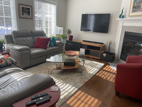 Smart TV, chimenea, libros y estéreo 