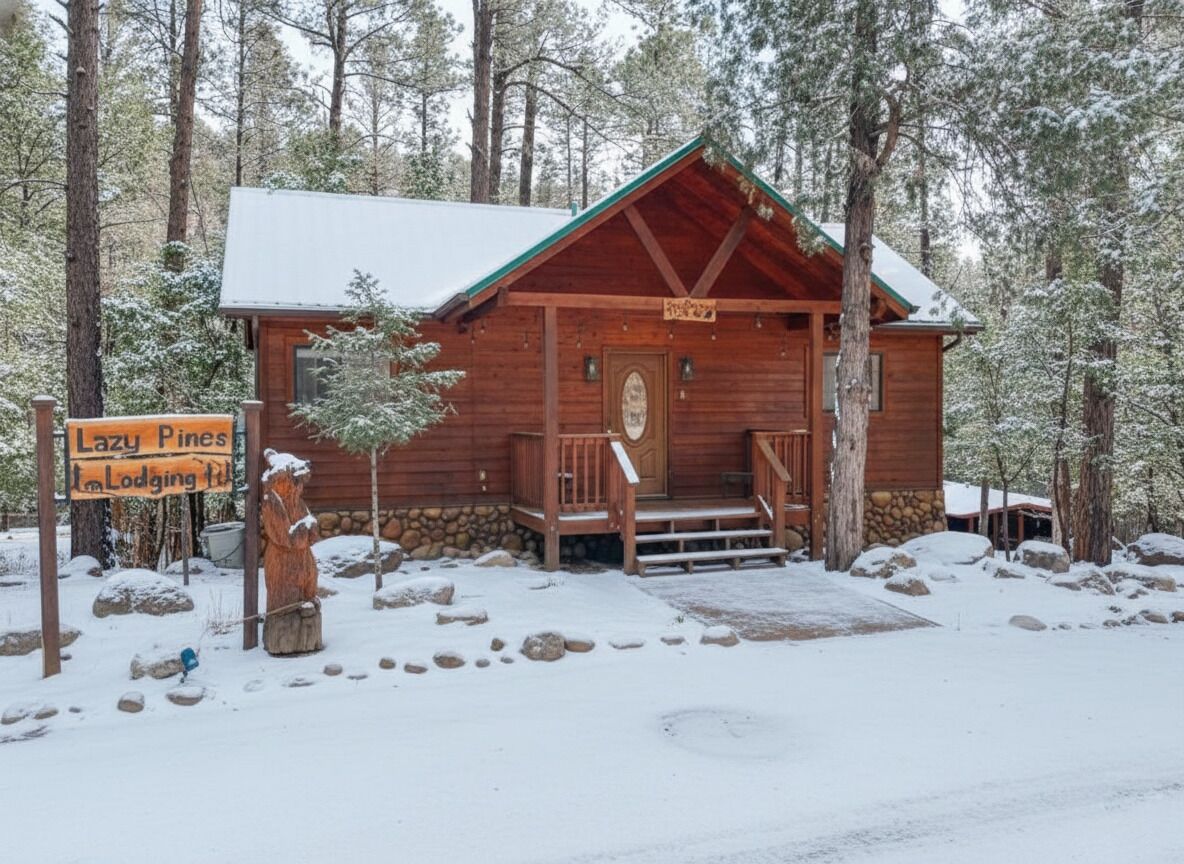Een houten vakantiehuis met veranda, omringd door sneeuwbedekte bomen.