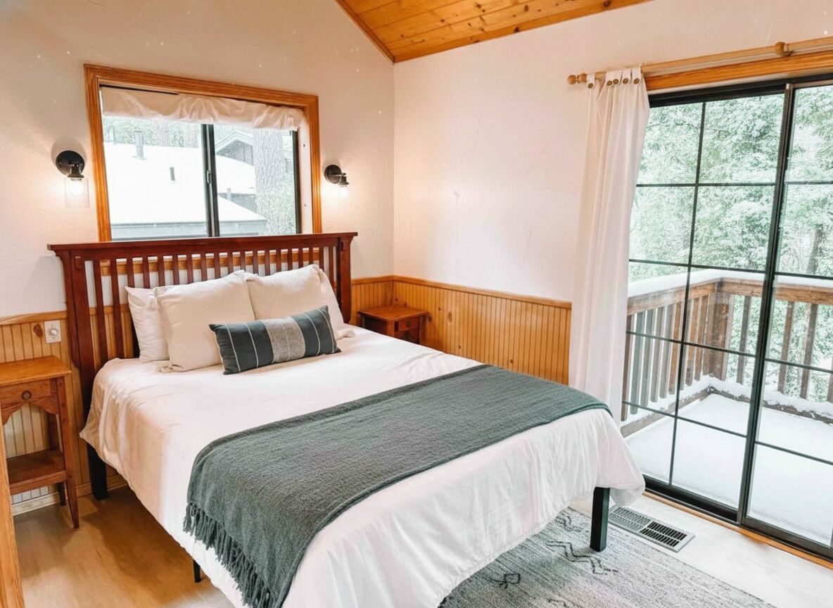 A bedroom with a wooden bed, white bedding, a green throw blanket, a nightstand, a window with curtains, and a view of a snowy deck.