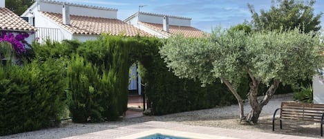 A swimming pool with a tiled edge, surrounded by a garden with various shrubs and a bench.