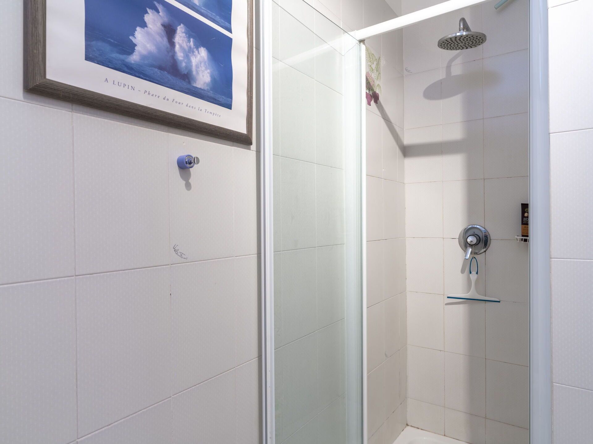 Ein modernes Badezimmer mit weißen Fliesen, einem gerahmten Meeresbild, einer Dusche mit Duschhandstück und einer gläsernen Duschkabine.