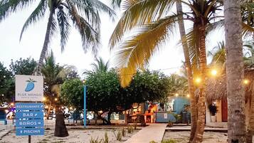 Un camino bordeado de palmeras y un letrero del Hotel Blue Mango Beach.