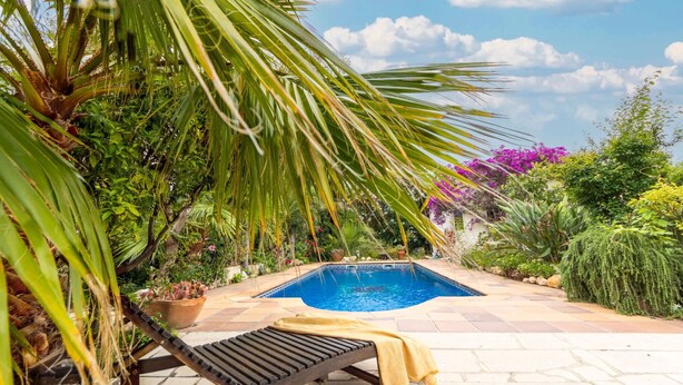 A pool area with a lounge chair and a potted plant. - Beautiful private villa for 8 people with A/C, private pool, WIFI, TV, patio and pets allowed (Deltebre)