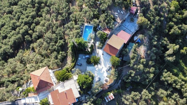 Vista aérea de una zona residencial con casas, una piscina y una carretera curva.