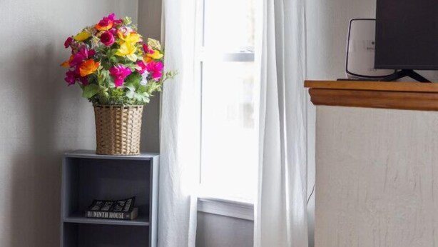 Een kamer met een houten tafel, een plank met boeken en een mand vol bloemen, een televisie op een houten standaard, en een raam met witte gordijnen.