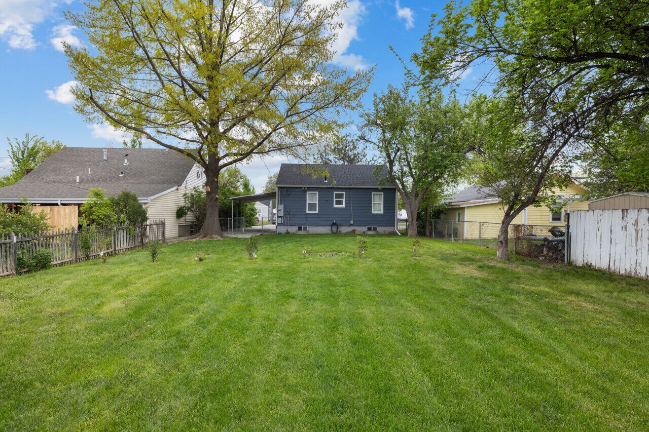 A residential backyard with a house, a wooden fence, and a tree.