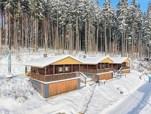 A wooden cabin complex with a snow-covered roof, surrounded by tall pine trees.