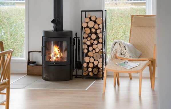 A cozy room with a wood-burning stove, a chair with a magazine, and a stack of firewood.