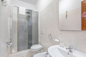 Shower, hair dryer, bidet, towels