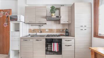 Een koelkast, een magnetron, een oven, een kookplaat