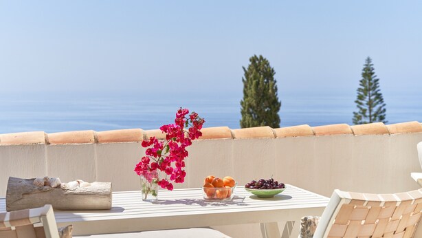 A terrace with a table set for dining, a vase of flowers, and a view of the sea.