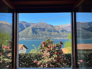 Blick durch ein Fenster auf eine Berglandschaft mit einem See und einem Rosenbusch im Vordergrund.