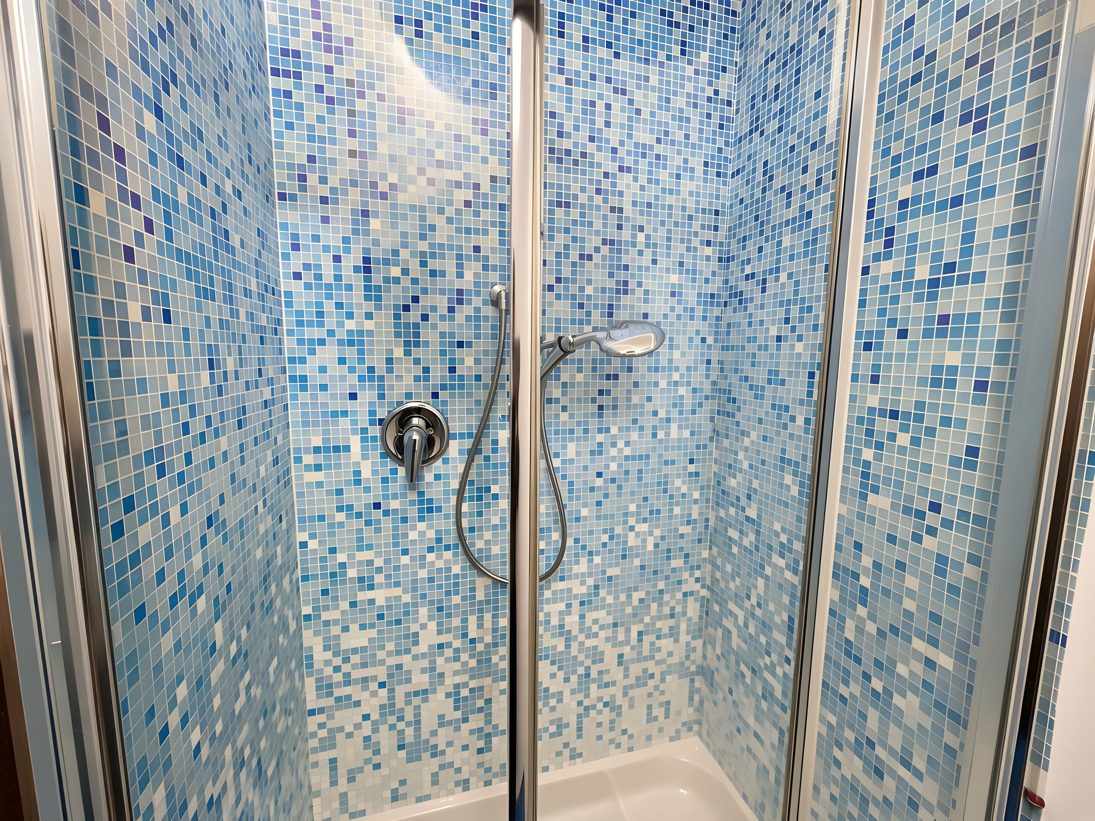 Une douche entièrementClose avec des murs recouverts d’une mosaïque de carreaux.