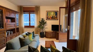 Een woonkamer met een bank, een televisie, een boekenkast en een raam met uitzicht.