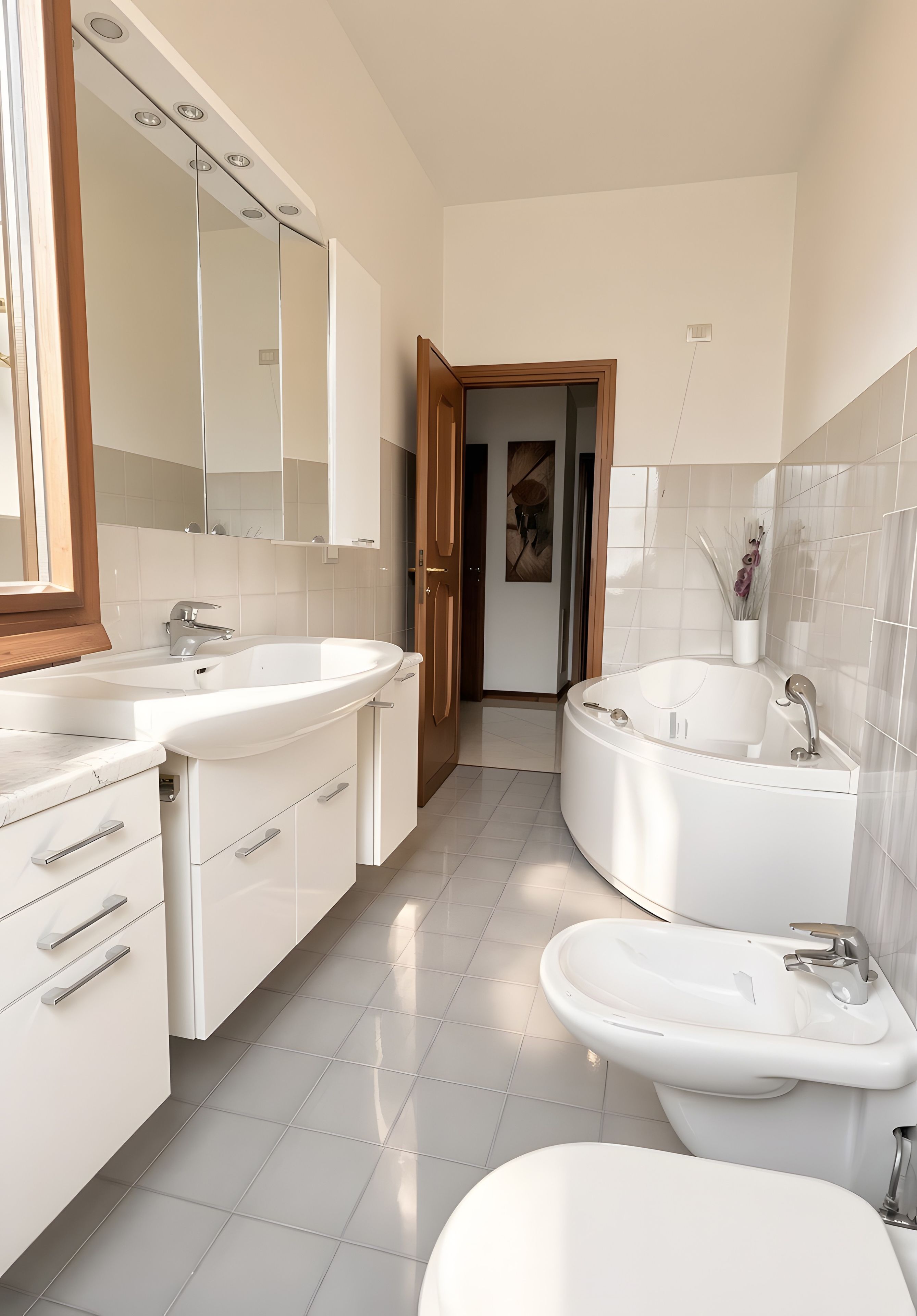A modern bathroom with a double sink vanity, a freestanding bathtub, and a separate toilet.