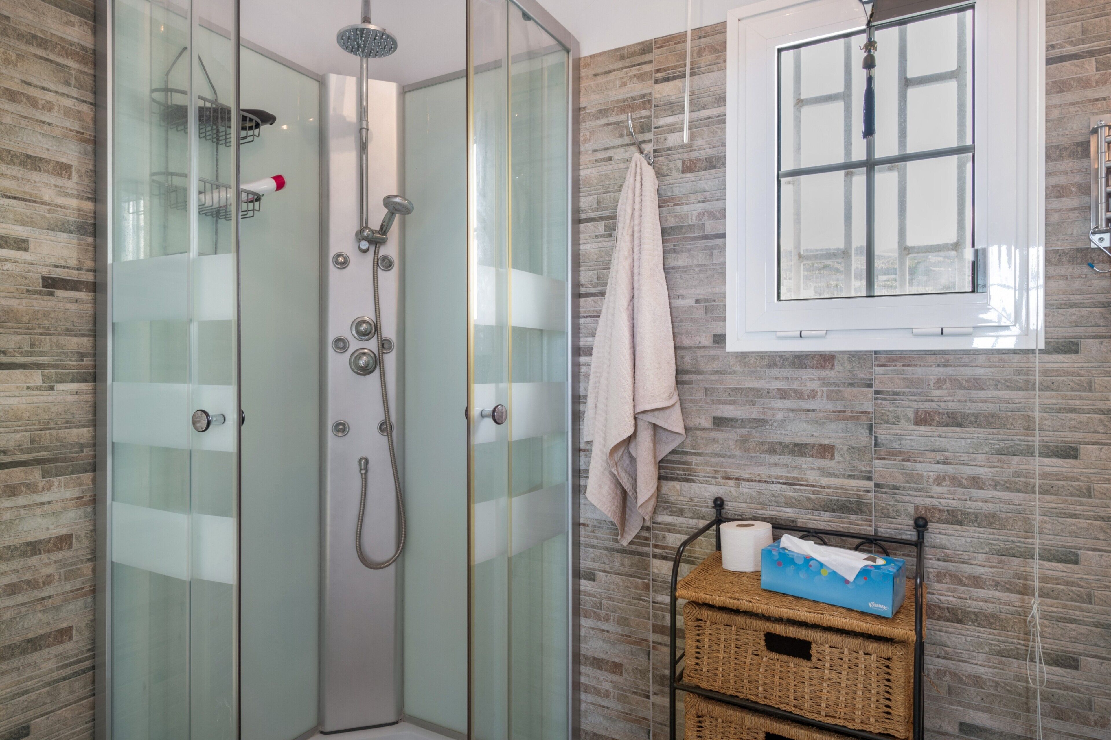 Shower, hair dryer, towels