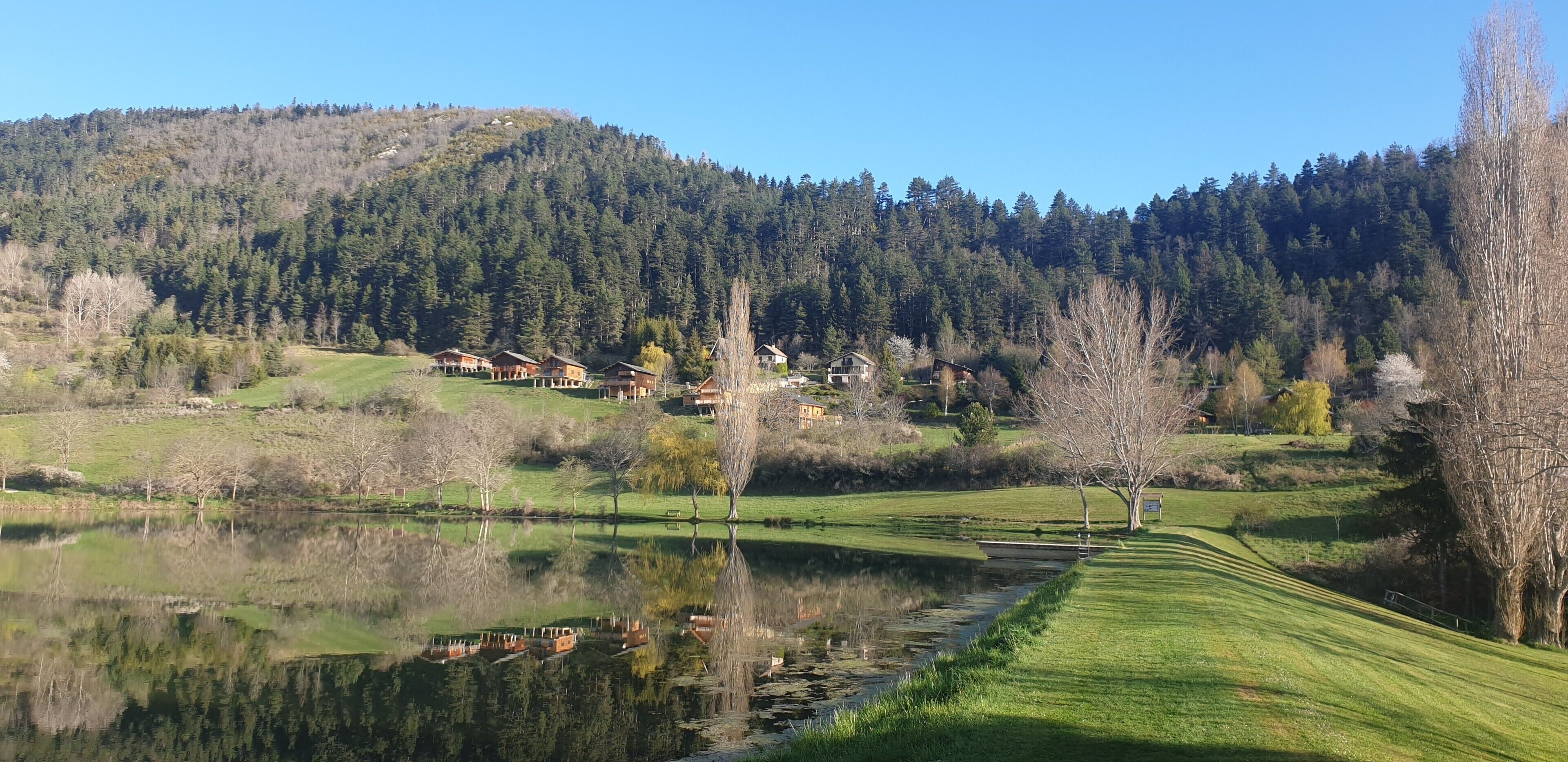 Une vue paisible sur un lac, avec son reflet dans l’eau, une zone herbeuse et une colline boisée en arrière-plan.