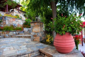A stone staircase leading to a building with a stone wall and a large potted plant with green foliage and red flowers.