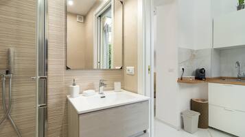 Shower, hair dryer, towels