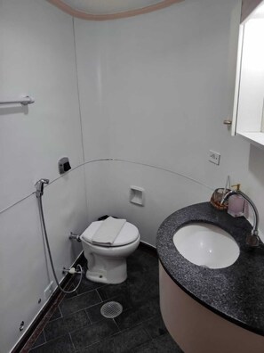 Hair dryer, towels, toilet paper