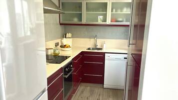 Frigorífico, microondas, horno y placa de cocina