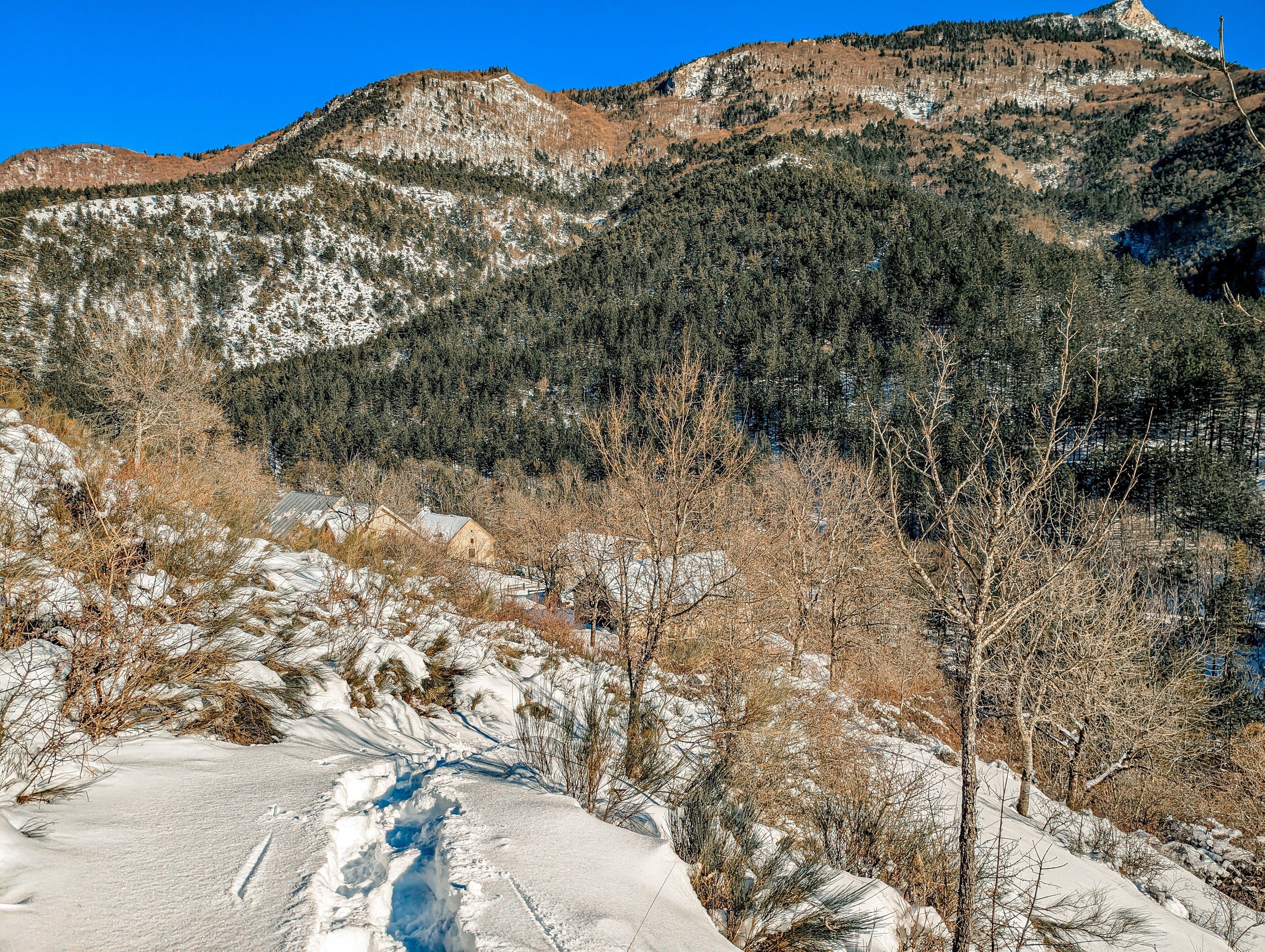 A mountainous landscape with snow-covered ground and sparse vegetation.