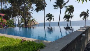 Une piscine à débordement offrant une vue sur l’océan et les palmiers.