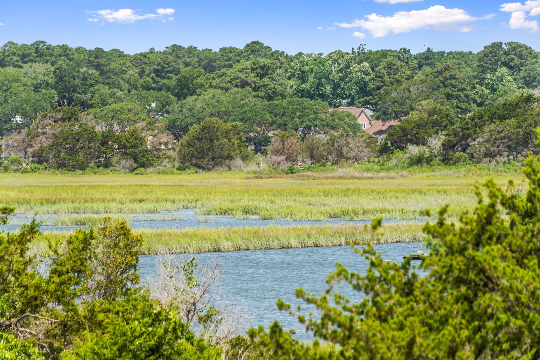 A landscape with a house on a hill, surrounded by dense greenery and water bodies.