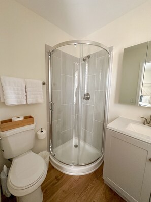 Shower, hair dryer, towels, soap
