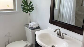 Hair dryer, towels, soap, shampoo