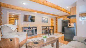 Smart TV, fireplace, books