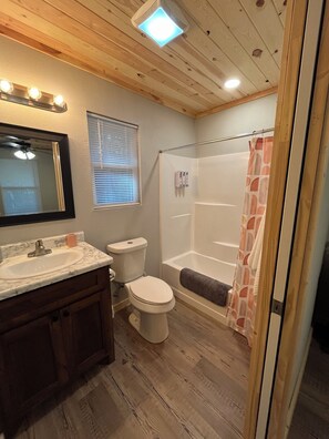 Hair dryer, towels, soap, shampoo