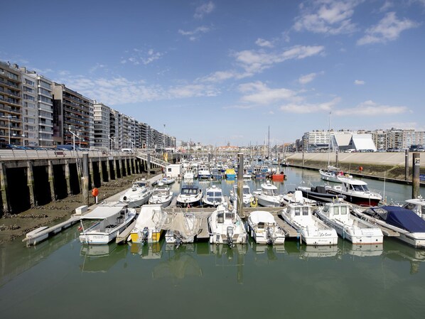 A marina with various boats docked, a bridge, and buildings in the background.